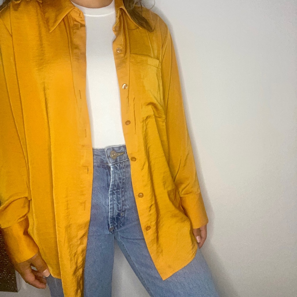 Flowy Satin Effect Orange Button up shirt | Fall Fashion